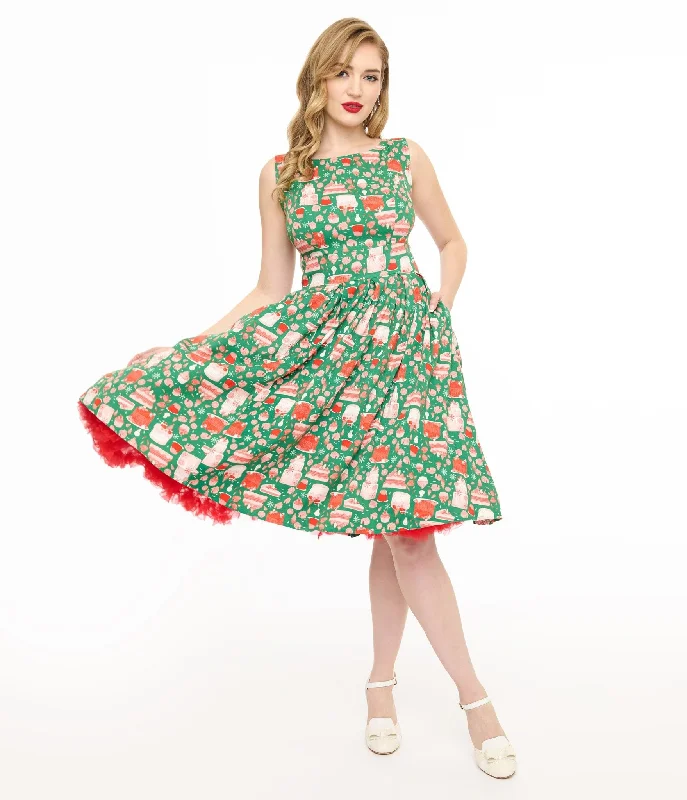 Everyday Dress with Soft Cotton - blend Fabric for All - day Comfort​ Miss Lulo 1950s Green & Red Holiday Cake Lily Swing Dress