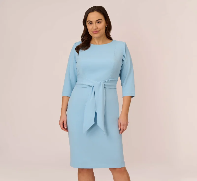 Everyday Dress with Hidden Pockets for Practicality​ Plus Size Knit Crepe Bow Sheath Dress With Three Quarter Sleeves In Blue Mist