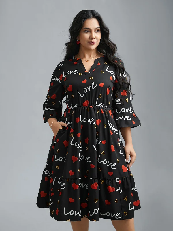  Notched Collar Heart Print Tiered Midi Dress