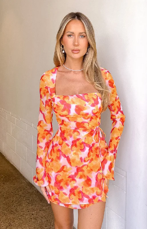 Satin mini dresses for a luxurious feel Lucy Azalea Pink Print Long Sleeve Mini Dress