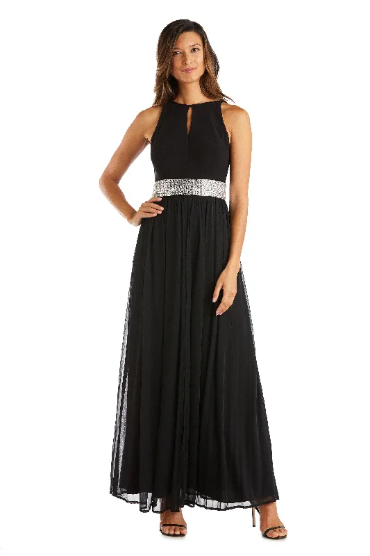 Short - length wedding dresses with a flirty skirt​ R&M Richards 5405P Long Formal Petite Halter Dress