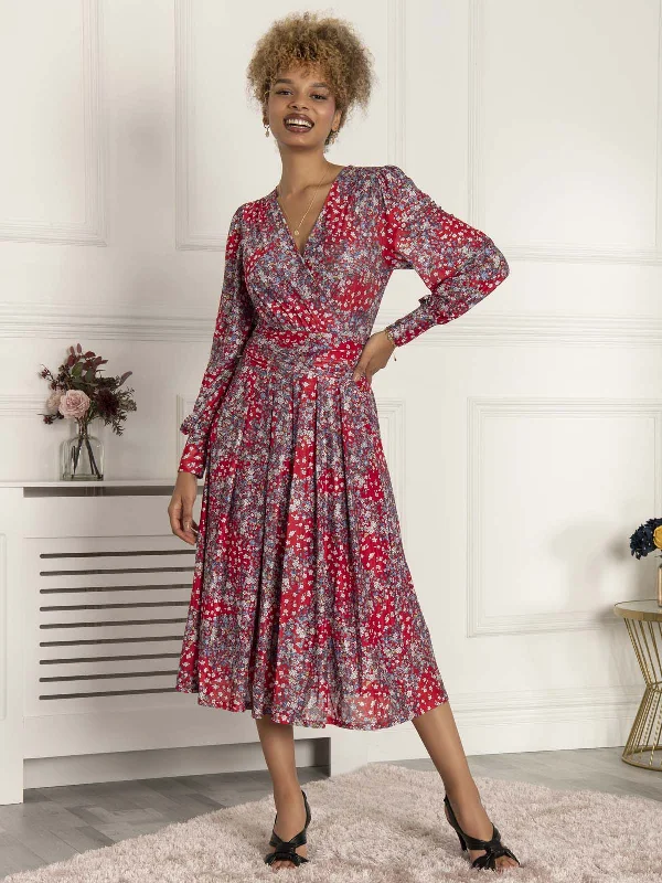 Midi dresses with asymmetric hems for a fashion - forward and dynamic appearance Vanessa Long Sleeve Mesh Midi Dress, Red Floral Midi dresses with asymmetric hems for a fashion - forward and dynamic appearance Vanessa Long Sleeve Mesh Midi Dress, Red Floral