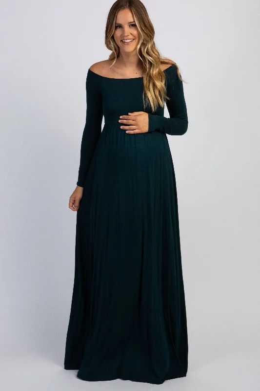 A - line maternity dress for a flattering fit PinkBlush Forest Green Solid Off Shoulder Maternity Maxi Dress