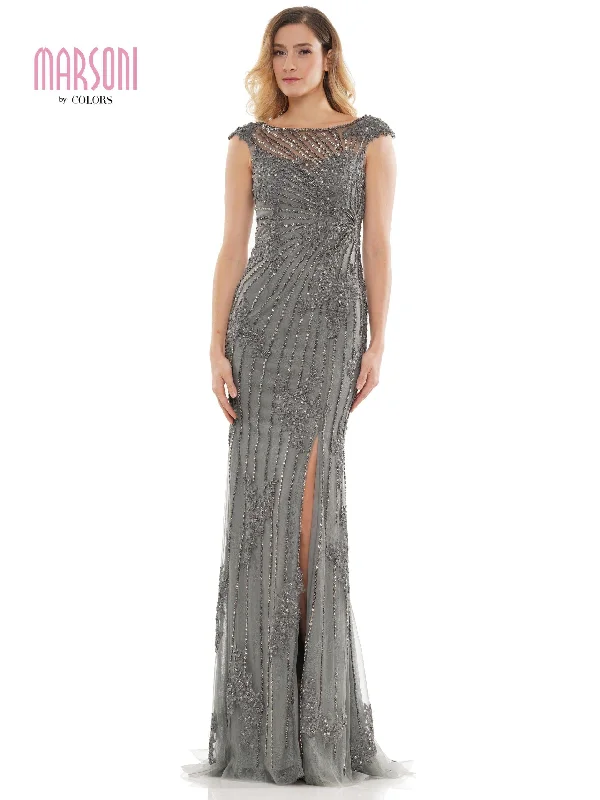 Embroidered wedding dresses with metallic threads​ Marsoni Long Cap Sleeve Formal Beaded Dress 1128
