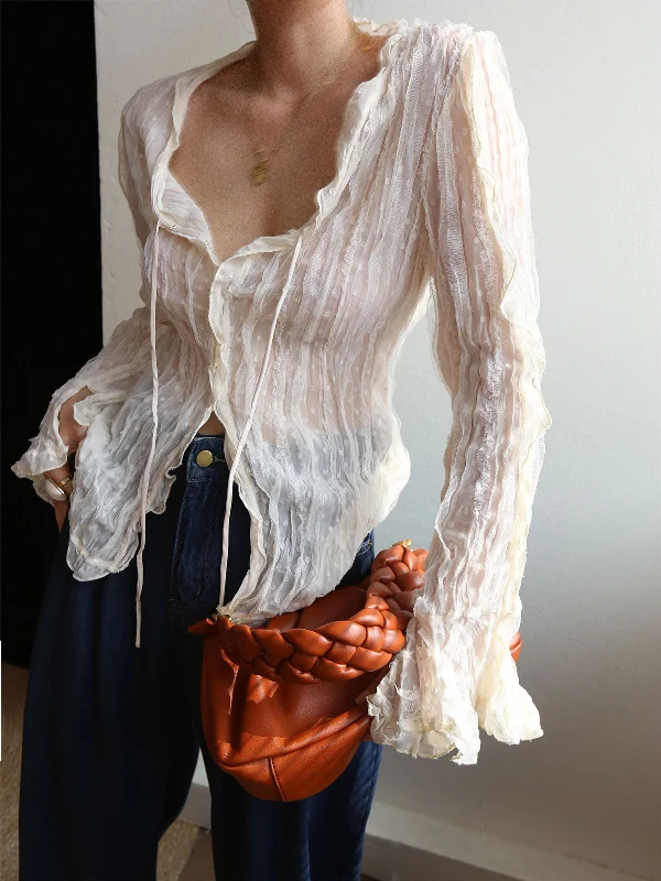 Anti - Wrinkle Casual Dresses for Easy Maintenance​ Chiffon Sheer Lettuce Trim Long Sleeve Blouse