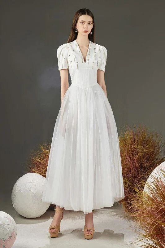 Midi dresses with V - necklines for a flattering and elongating effect Cosmo Gathered V-Neck Mesh Taffeta Ankle Length Dress Midi dresses with V - necklines for a flattering and elongating effect Cosmo Gathered V-Neck Mesh Taffeta Ankle Length Dress