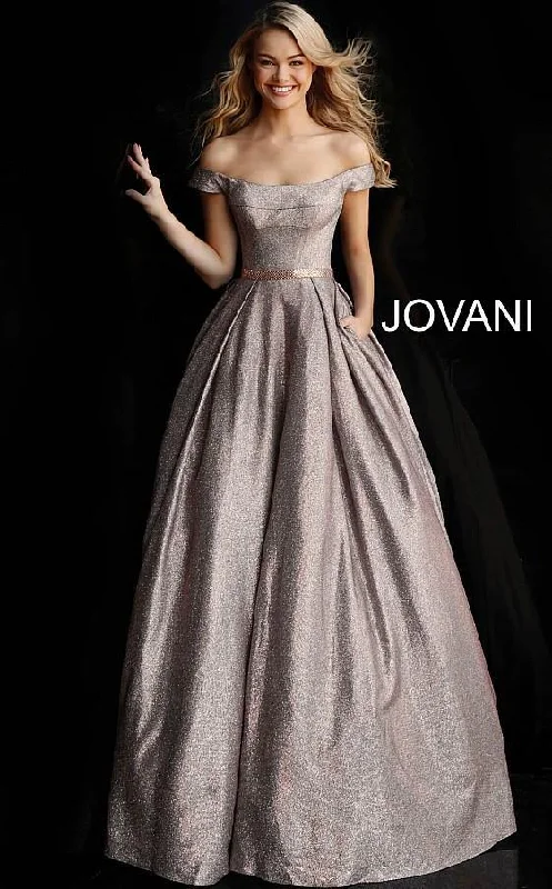 One - shoulder wedding dresses with a flowing sleeve​ Jovani 66950 Prom Long Off Shoulder Glitter Ballgown