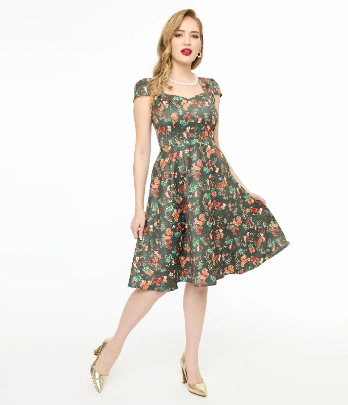 Everyday Dress with Anti - allergenic Material for Sensitive Skin​ Voodoo Vixen 1950s Green Woodland Squirrel Print Swing Dress