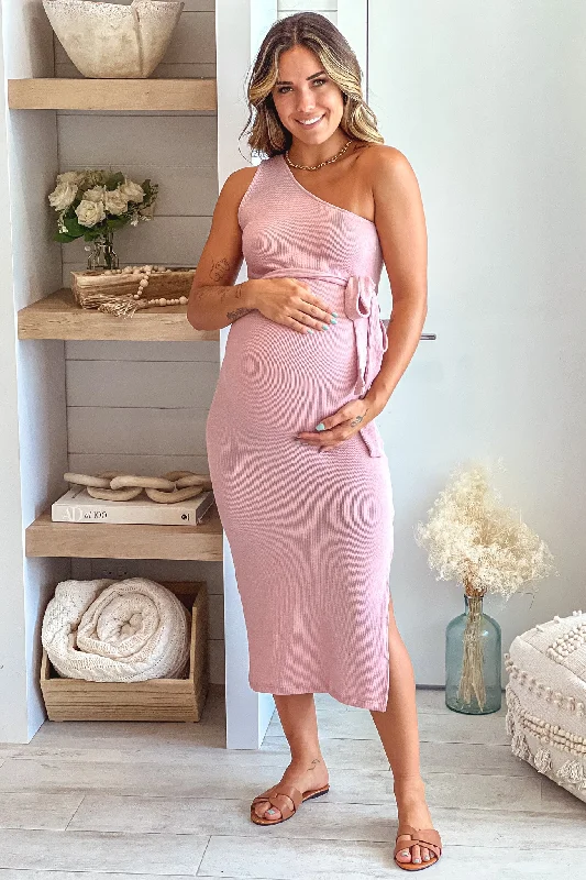 Maternity dress for a baby's first visit to the Japanese garden Mauve Ribbed One Shoulder Maternity Midi Dress