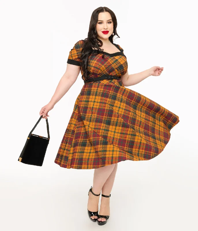  Unique Vintage Plus Size 1950s Mustard Yellow & Burgundy Plaid Swing Dress