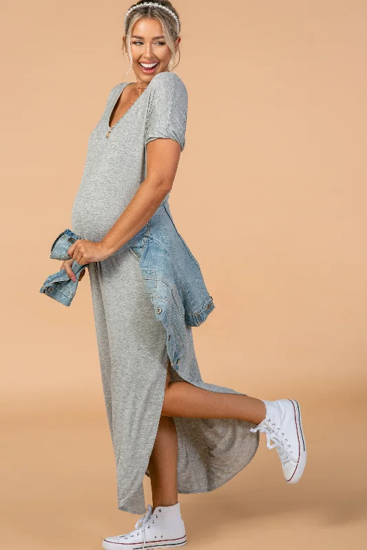 Maternity dress for a baby's first visit to the orchard Grey Solid Short Sleeve Maternity Maxi Dress