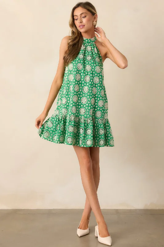Washable Casual Dresses for Convenient Cleaning​ Afternoons In Paris Green Cotton Halter Mini Dress