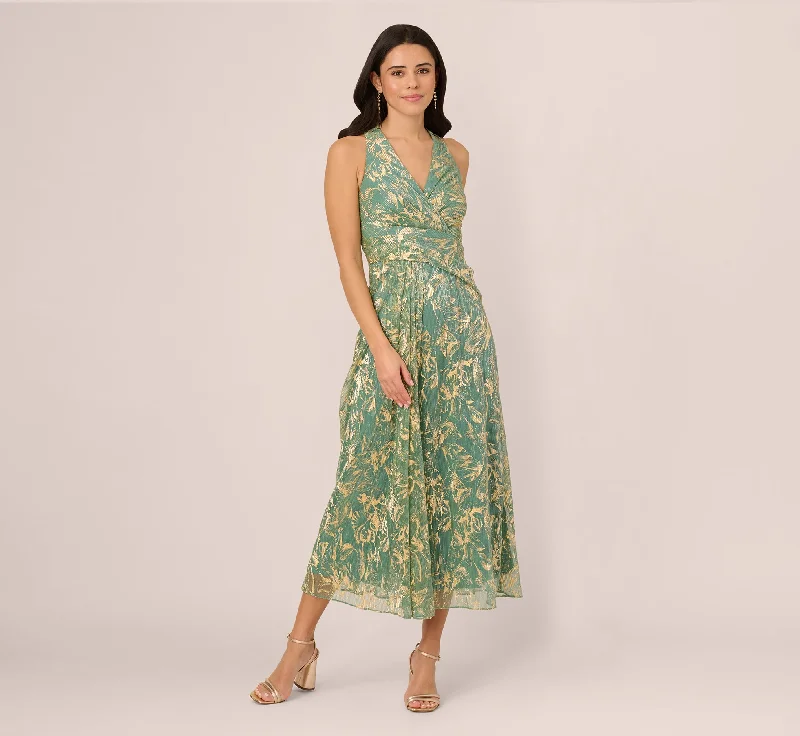 Plaid midi dresses for a fall - themed family gathering Sleeveless Metallic Crinkle Midi Dress In Sage Gold Plaid midi dresses for a fall - themed family gathering Sleeveless Metallic Crinkle Midi Dress In Sage Gold