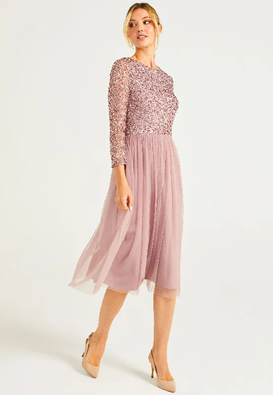 Midi dresses with animal prints for a bold and confident appearance Angeleye Embellished Sequin Long Sleeve Midi Dress In Lavender Midi dresses with animal prints for a bold and confident appearance Angeleye Embellished Sequin Long Sleeve Midi Dress In Lavender
