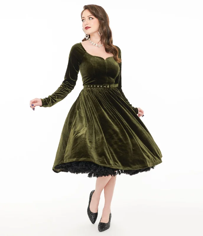 Everyday Dress with Flame - resistant Fabric for Safety - conscious Shoppers​ Unique Vintage 1950s Dark Olive Velvet Sweetheart Swing Dress