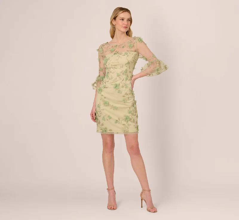 Everyday Dress with Embroidered Patches for a Bohemian Look​ Bell Sleeve Floral Embroidered Illusion Sheath Dress In Sage Multi