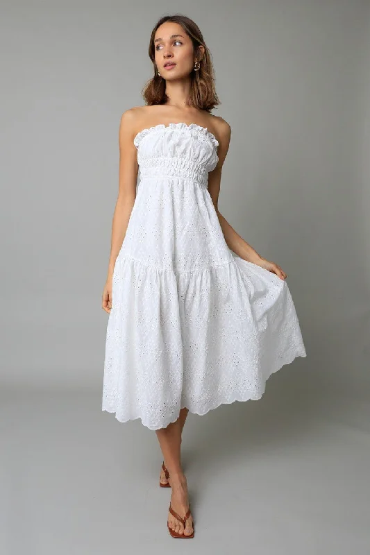 Fall - Style Casual Dresses with Earthy Tones​ Francesca White Eyelet Strapless Midi Dress
