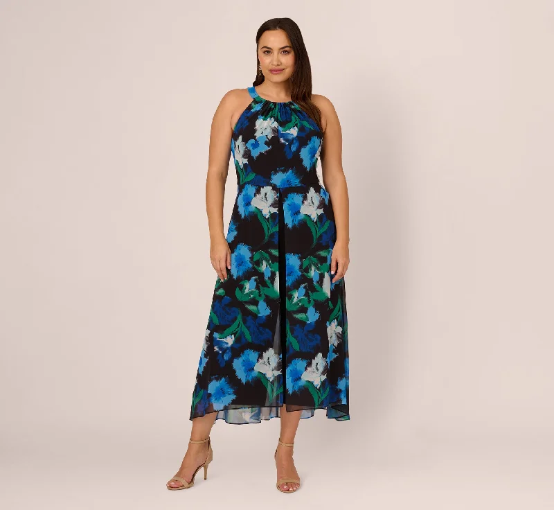 Everyday Dress with Breathable Linen - cotton Blend for Summer​ Plus Size Floral Print Chiffon Cropped Jumpsuit With Wide Legs In Black Multi