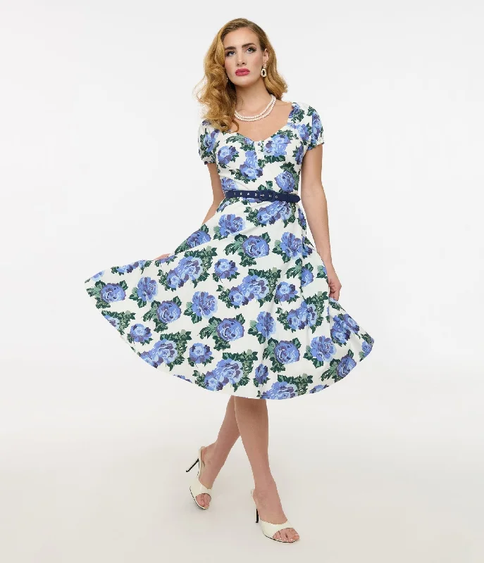 Everyday Dress with Soft Cotton - blend Fabric for All - day Comfort​ Unique Vintage 1960s Blue Winter Floral Ohara Swing Dress