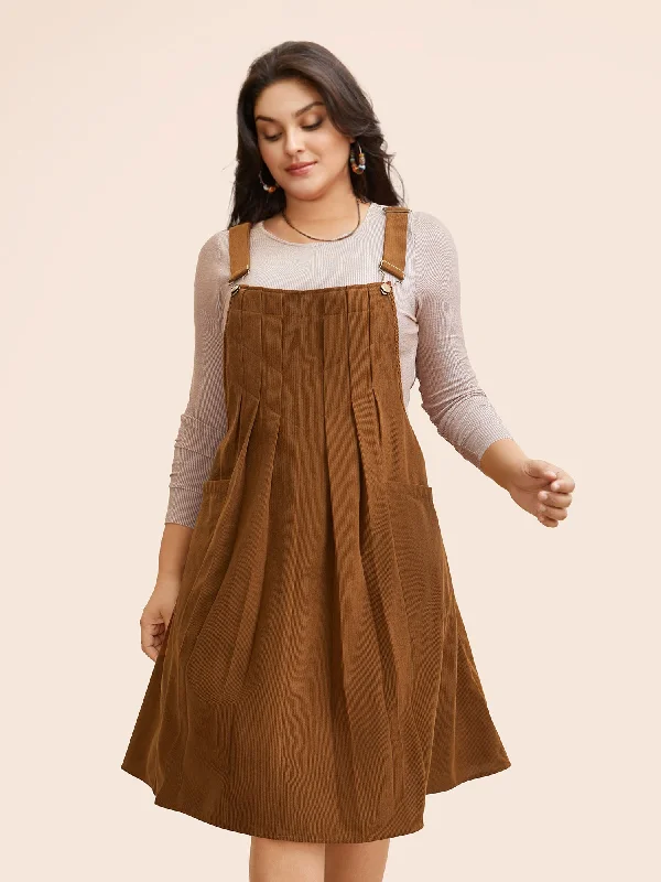 Everyday Sleeveless Dress with Scoop Neck for Summer​ Solid Corduroy Pleated Overall Dress