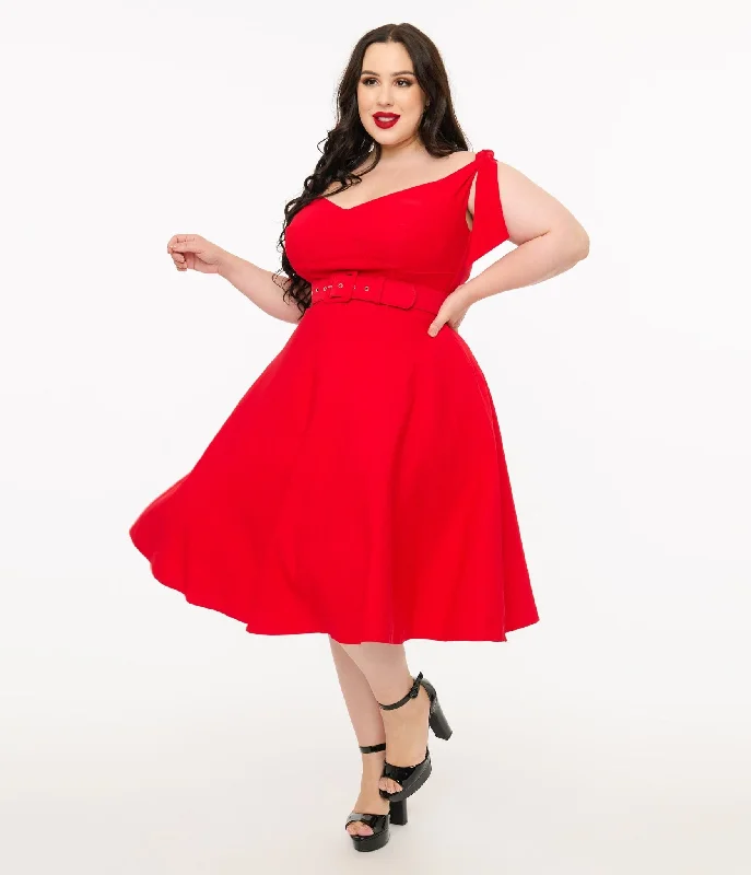 Everyday Dress with Personalized Embroidery for a One - of - a - Kind Look​ Unique Vintage Plus Size 1960s Red Off The Shoulder Swing Dress