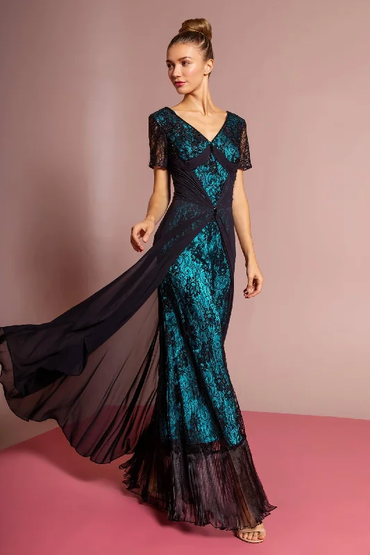 Beach - friendly wedding dresses made of lightweight fabric​ Short Sleeve Lace Embellished V-Neck Long Dress Sale