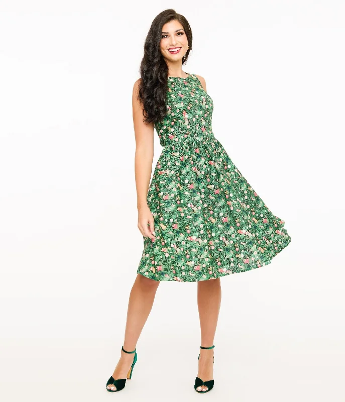 Everyday Dress with Bishop Sleeves for a Victorian - inspired Look​ Retrolicious 1950s Green Holiday Cat Print Cotton Swing Dress