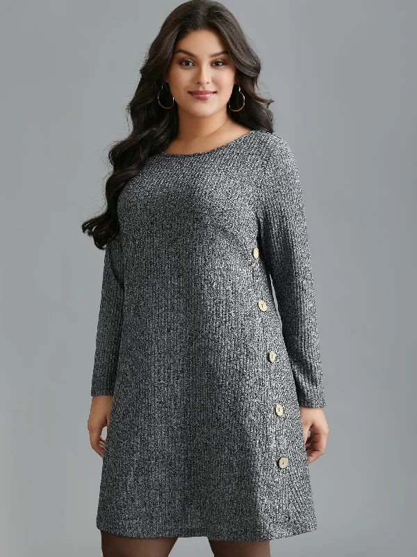 Everyday Dress with Sleeve Cuffs with Buttons for a Neat Finish​ Crew Neck HeatherRibbed Knit Dress