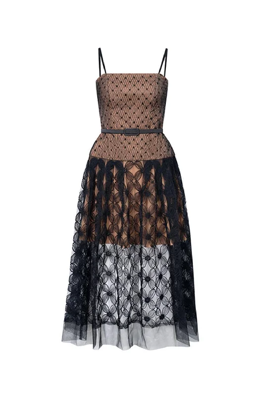 Midi dresses with tassel accents for a bohemian and free - spirited style Sheila A-line Spaghetti Strap Lace Midi Dress
