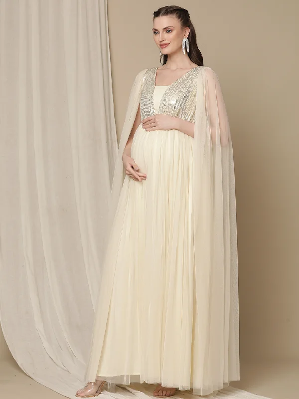Maternity dress for a baby's first visit to the secret garden Sequin Cape Sleeve Maternity Party Dress- Cream