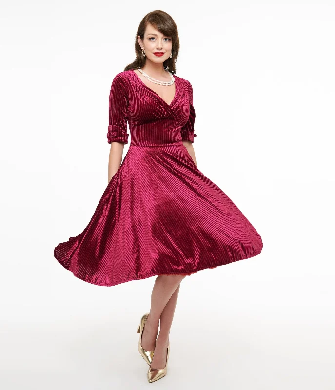  Unique Vintage 1950s Merlot Textured Velvet Delores Swing Dress