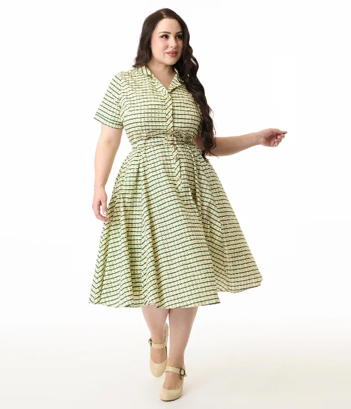  Royal Monk Plus Size 1950s Green Anchor Stripes Cotton Swing Dress