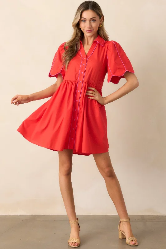 Office - Appropriate Casual Dresses with a Professional Edge​ Diner Down The Road Red Button Front Mini Dress