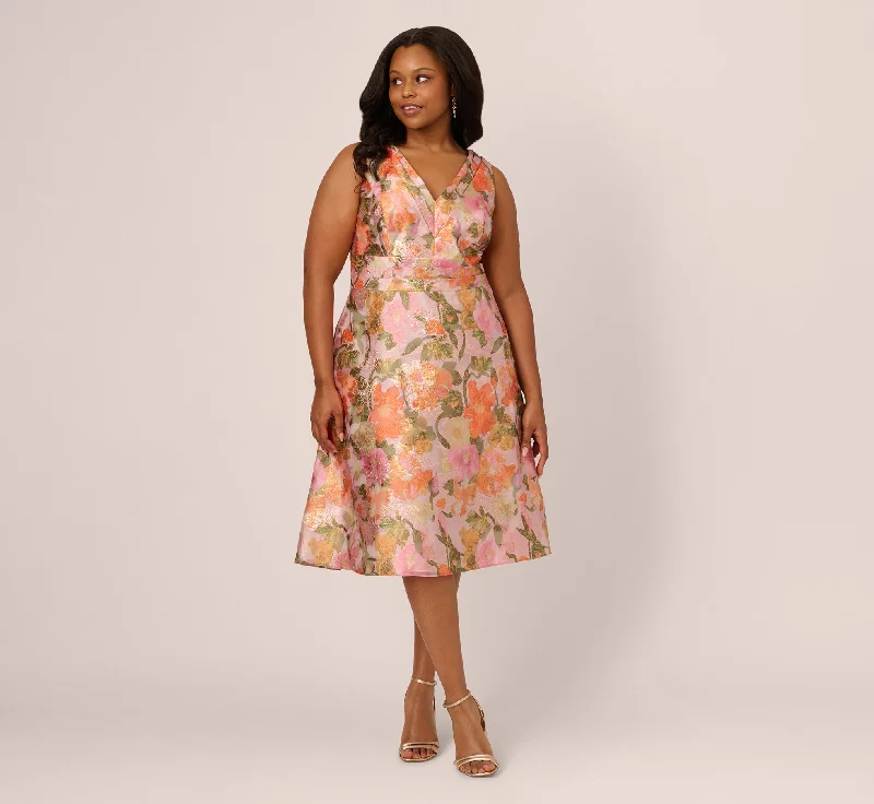 A - line midi dresses with floral prints for spring brunches Plus Size Metallic Floral Jacquard Midi Dress In Yellow Orange Multi A - line midi dresses with floral prints for spring brunches Plus Size Metallic Floral Jacquard Midi Dress In Yellow Orange Multi