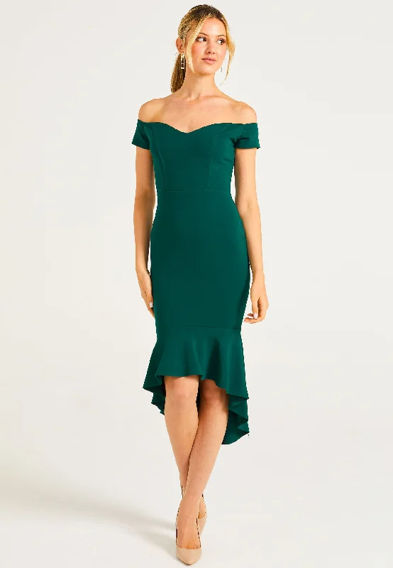 Midi dresses with button - down skirts for a unique and functional design Angeleye Bardot Sweetheart Bodycon Dress With Asymmetrical Frill Hem Midi dresses with button - down skirts for a unique and functional design Angeleye Bardot Sweetheart Bodycon Dress With Asymmetrical Frill Hem