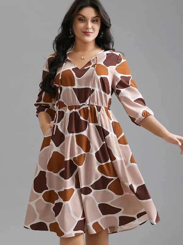  Neck-Tie Color Block Waist Cinched  Dress