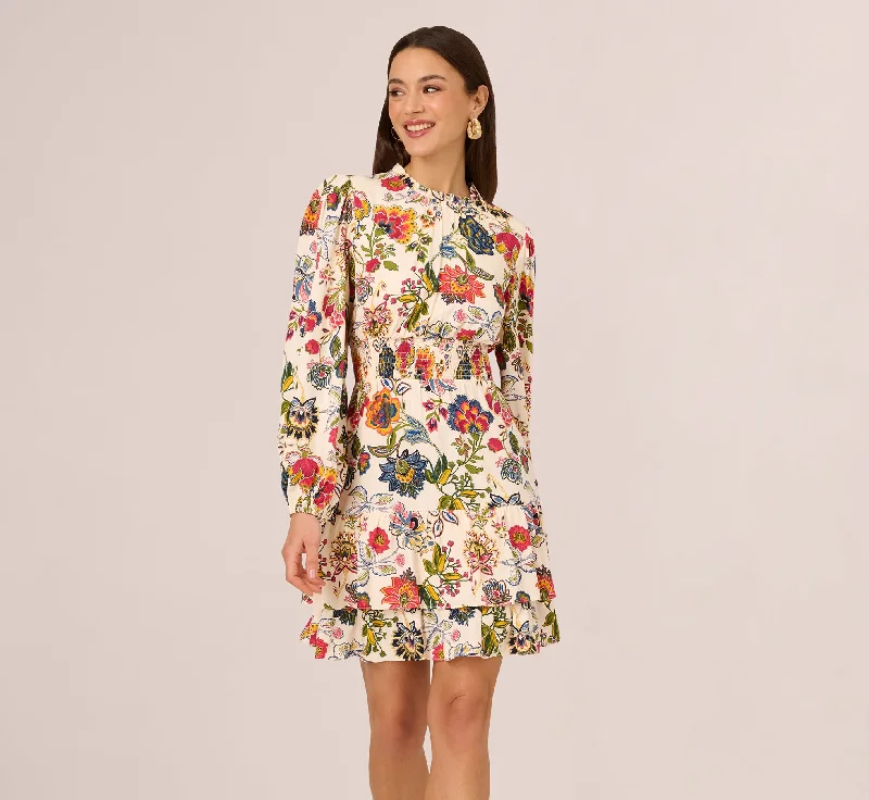  Floral Print Dress With Long Bishop Sleeves In Ecru Multi