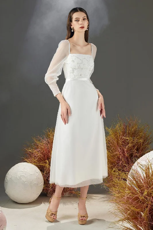 Midi dresses with tassel accents for a bohemian and free - spirited style Natalie A-line Square Neck Organza Midi Dress Midi dresses with tassel accents for a bohemian and free - spirited style Natalie A-line Square Neck Organza Midi Dress