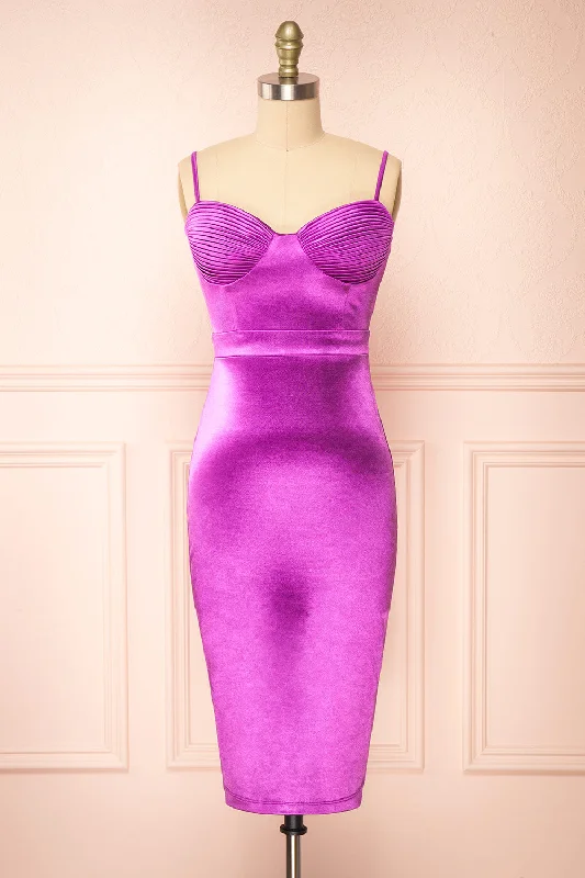Mini dresses with pleated skirts for a classic look Elderia Purple | Fitted Satin Midi Dress