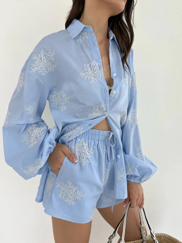 Pleated Casual Dresses for a Structured Look​ Plant Embroidery Casual Shorts Set