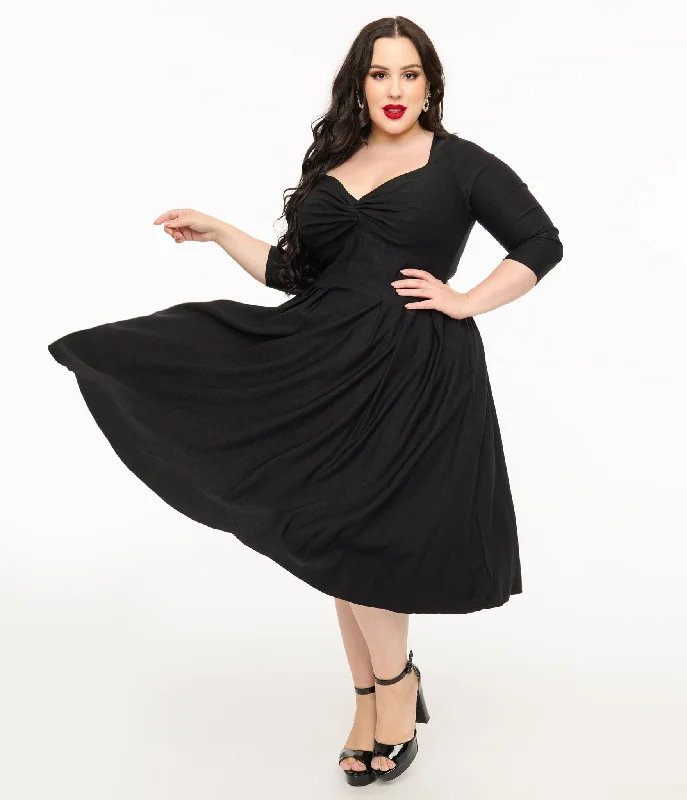 Everyday Dress with Strapless Design for a Glamorous Look​ Unique Vintage Plus Size 1950s Black Bengaline Front Twist Swing Dress