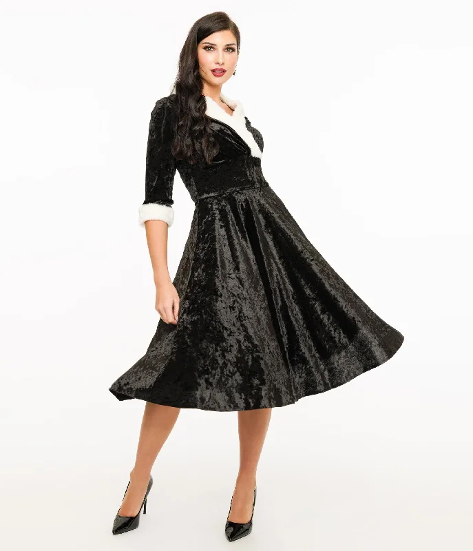  Unique Vintage 1950s Black Crushed Velvet & White Fur Delores Swing Dress