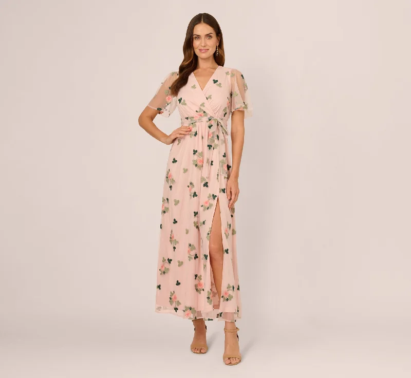  Floral Embroidered Maxi Dress With Sheer Flutter Sleeves In Blush Multi