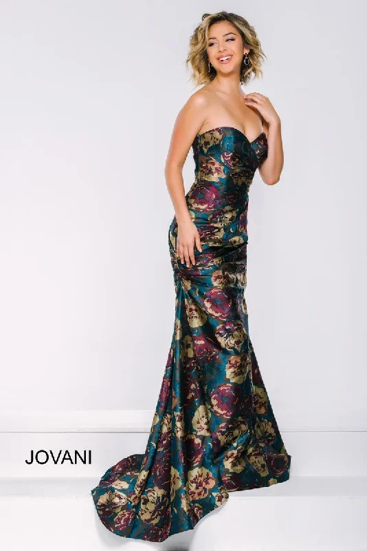 Chiffon and tulle combination wedding dresses​ Jovani 45363 Strapless Printed Long Formal Gown