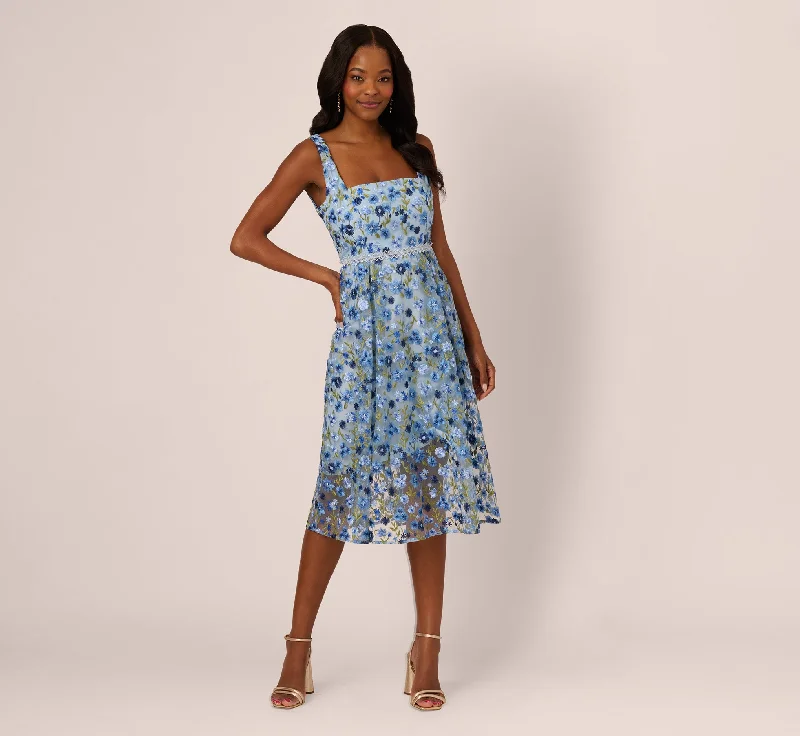  Sleeveless Square Neck Floral Embroidered Midi Dress In Blue Multi