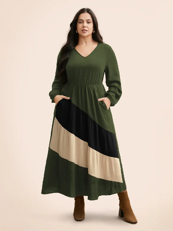 Everyday Dress with Printed Bodice and Solid - color Skirt for a Balanced Look​ Colorblock Contrast Gathered Lantern Sleeve Dress