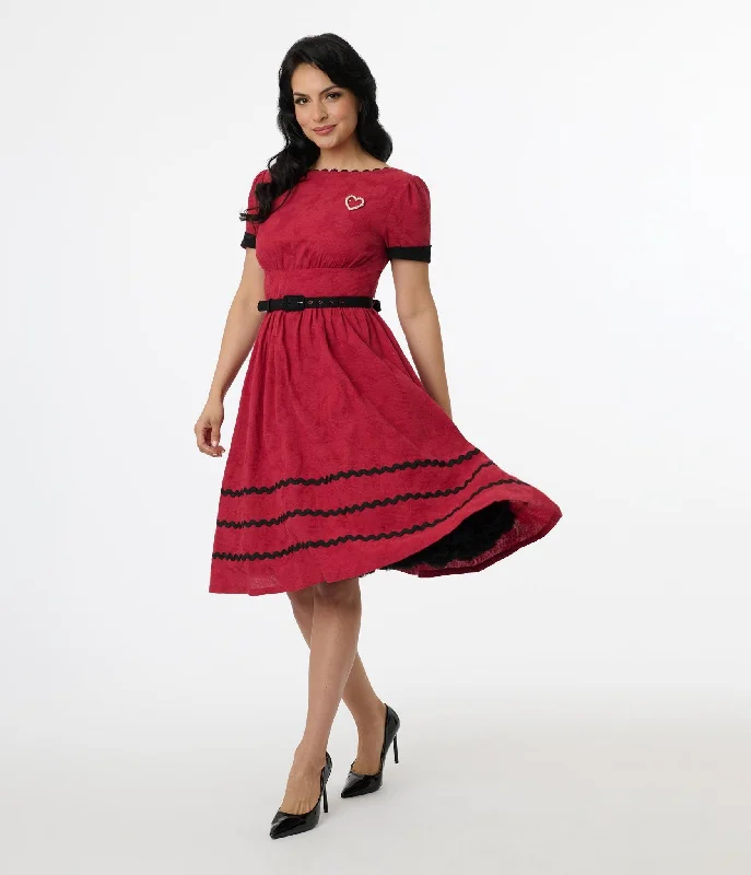 Everyday Dress with Pintucked Details for a Textured Look​ Unique Vintage 1950s Red & Faux Pearl Heart Pin Cotton Swing Dress