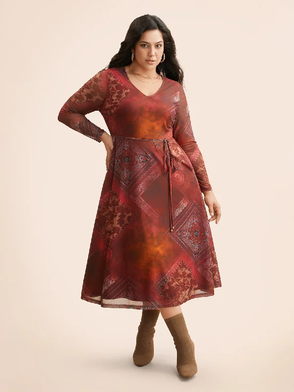 Petite - fit Everyday Dress with Ruffled Sleeves​ Boho Print Belted Mesh Midi Dress