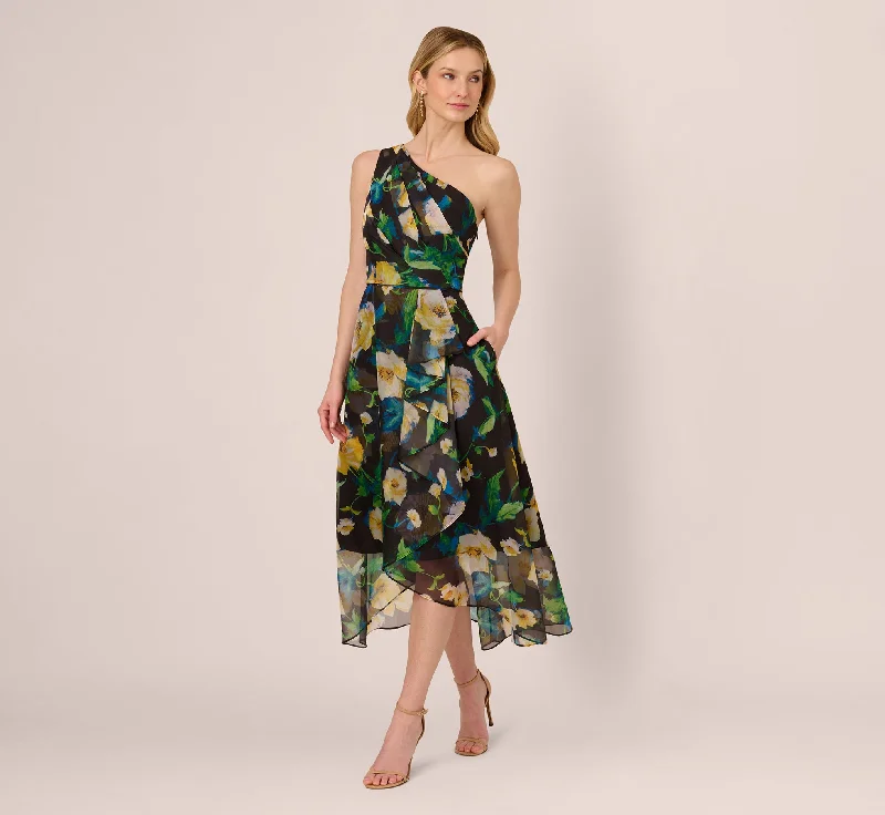 Midi dresses with ruffled sleeves for a more feminine and voluminous look One Shoulder Floral Chiffon High Low Midi Dress In Black Yellow Multi Midi dresses with ruffled sleeves for a more feminine and voluminous look One Shoulder Floral Chiffon High Low Midi Dress In Black Yellow Multi