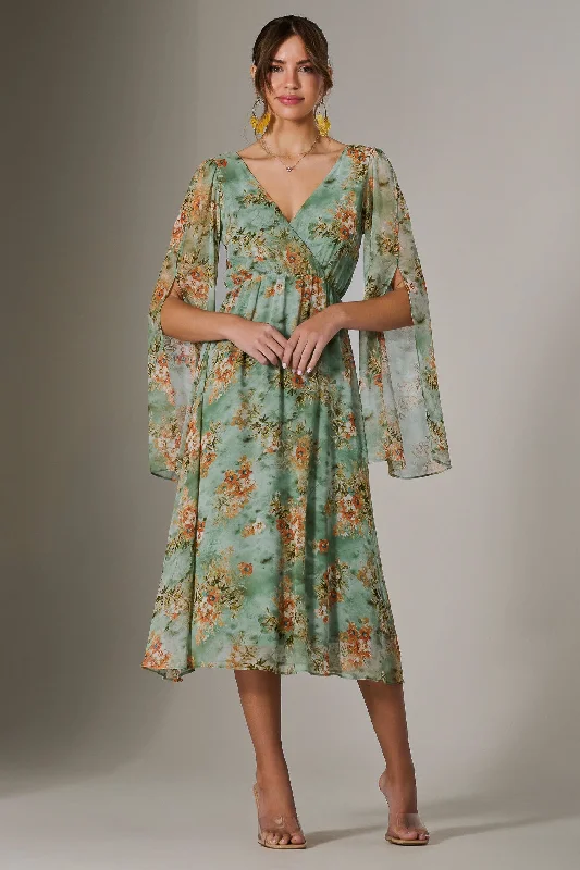 Midi dresses with cotton - blend materials for everyday comfort Chiffon Split Sleeve Midaxi Dress, Green Floral Midi dresses with cotton - blend materials for everyday comfort Chiffon Split Sleeve Midaxi Dress, Green Floral